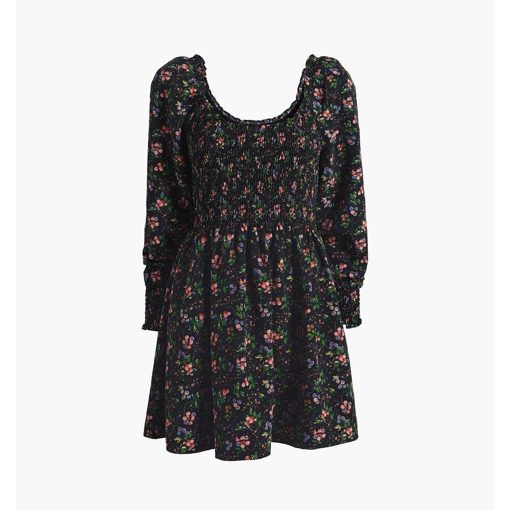 Black Floral Smocked Long-Sleeve Mini Dress